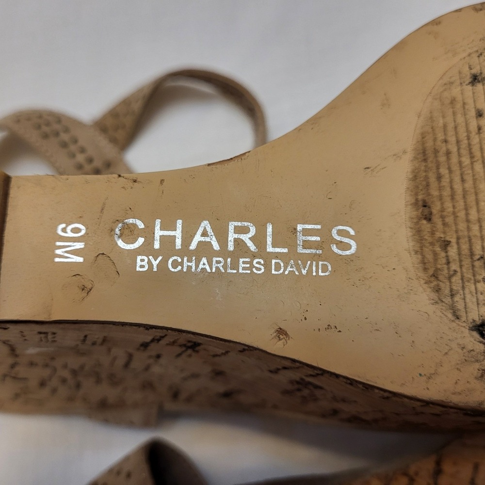 Charles by Charles David Beige Tan Cork Wedge Laser Cut Strappy Sandals 9M - Picture 10 of 10